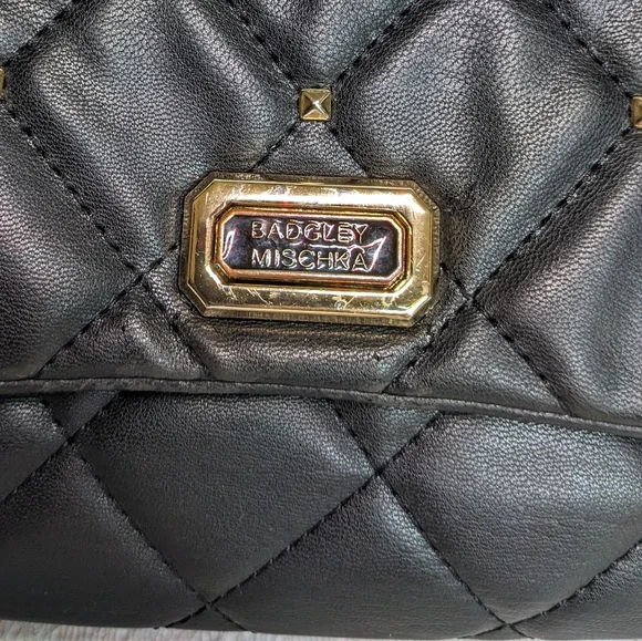 Badgley Mischka Vegan Leather Crossbody, Black Diamond-Quilted Pyramid-Studded - Picture 5 of 16